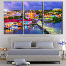 Load image into Gallery viewer, Antigua Island Canvas Print Blue Harbors Canal Lake Sunset Canvas Set Orange Green Antigua Port Houses  3 Piece Canvas For Bedroom
