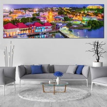 Load image into Gallery viewer, Antigua  Island  Canvas  Print  Blue  Harbors  Canal  Lake  Sunset  Canvas  Set  Orange  Green  Antigua  Port  Houses  Living  Room  1  Piece  Canvas In Living Room
