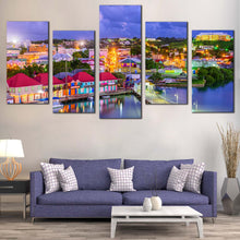 Load image into Gallery viewer, Antigua Island Canvas Print Blue Harbors Canal Lake Sunset Canvas Set Orange Green Antigua Port Houses  5 Piece Canvas In Living Room
