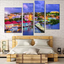 Load image into Gallery viewer, Antigua Port Canvas Wall Art Red Orange Antigua Lake Houses  4 Piece Canvas Artwork Blue Harbors City Sunset Sky Canvas Print
