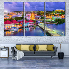 Load image into Gallery viewer, Antigua Port Canvas Wall Art Red Orange Antigua Lake Houses  3 Piece Canvas Artwork Blue Harbors City Sunset Sky Canvas For Living Room
