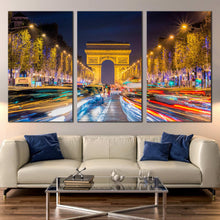 Load image into Gallery viewer, Arc de Triomphe at dawn paris light trails 3 piece canvas print In Living Room
