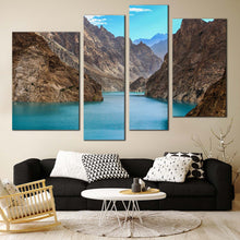 Load image into Gallery viewer, Attabad Lake Canvas Print Brown Ocean Mountains  4 Piece Canvas Wall Art Blue Pakistan Lake Canvas Artwork 
