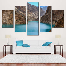 Load image into Gallery viewer, Attabad  Lake  Canvas  Print  Brown  Ocean  Mountains  Living  Room  5  Piece  Canvas  Wall  Art  Blue  Pakistan  Lake  Canvas  Artwork For Living room
