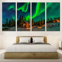 Load image into Gallery viewer, Aurora Borealis Canvas Wall Art Green Aurora House Trees Canvas Yellowknife Canada Blue Starry Sky  4 Piece Canvas Print For Bedroom
