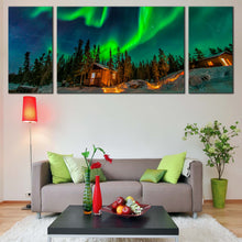 Load image into Gallery viewer, Aurora Borealis Canvas Wall Art Green Aurora House Trees Canvas Yellowknife Canada Blue Starry Sky  3 Piece Canvas Print For Living Room
