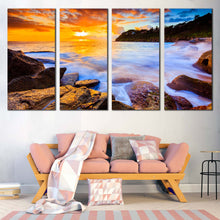 Load image into Gallery viewer, Australia Beach Canvas Wall Art Blue Seascape Ocean Rocks 4 Piece Multi Canvas Sydney Yellow Whale Beach Sunset Canvas Print For Living room
