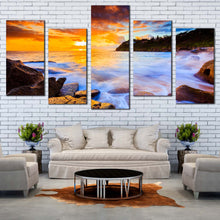 Load image into Gallery viewer, Australia Beach Canvas Wall Art Blue Seascape Ocean Rocks 5 Piece Multi Canvas Sydney Yellow Whale Beach Sunset Canvas Print For Living Room
