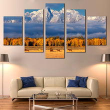 Load image into Gallery viewer, Autumn  Foliage  Canvas  Wall  Art  Blue  Sky  Snowy  Mountain  Canvas  Print  Beautiful  Trees  Houses  Landscape 5  Piece  Canvas For Living room
