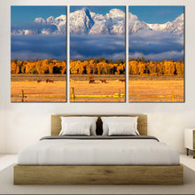 Load image into Gallery viewer, Autumn Foliage Canvas Wall Art Blue Sky Snowy Mountain Canvas Print Orange Grand Tetons Range Multi Canvas For Bedroom

