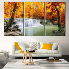 Load image into Gallery viewer, Autumn Forest Canvas Print Orange Forest Waterfall  3 Piece Canvas Wall Art Green Lake River Canvas Set Thailand Mountain Waterfall Multi Canvas For Living Room
