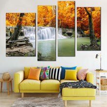 Load image into Gallery viewer, Autumn Forest Canvas Print Orange Forest Waterfall  4 Piece Canvas Wall Art Green Lake River Canvas Set Thailand Mountain Waterfall Multi Canvas 
