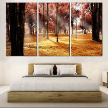 Load image into Gallery viewer, Autumn Forest Canvas Print Yellow Fields Sun Rays Scenery  3 Piece Canvas Wall Art Beautiful Red Trees Scenic Forest Triptych Multi Canvas For Bedroom
