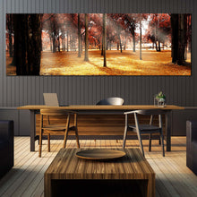Load image into Gallery viewer, Autumn  Forest  Canvas  Print  Yellow  Fields  Sun  Rays  Scenery  Living  Room  1  Piece  Canvas  Wall  Art  Beautiful  Red  Trees  Scenic  Forest  Wide  Canvas In Dinning Room
