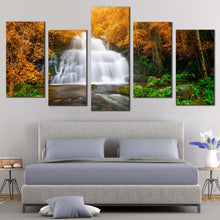 Load image into Gallery viewer, Autumn Forest Canvas Wall Art Beautiful White Waterfall Scenery  5 Piece Canvas Set Orange Green Autumn Trees Waterfall Canvas Print For Bedroom
