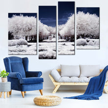 Load image into Gallery viewer, Autumn Forest Canvas Wall Art Blue Night Cloudy Sky Scenery 4 Piece Multi Canvas Artwork Snow Covered White Trees Forest Canvas Print 
