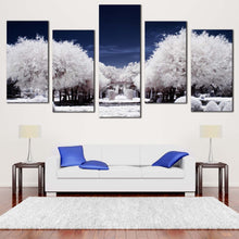 Load image into Gallery viewer, Autumn Forest Canvas Wall Art Blue Night Cloudy Sky Scenery 5 Piece Multi Canvas Artwork Snow Covered White Trees Forest Canvas Print
