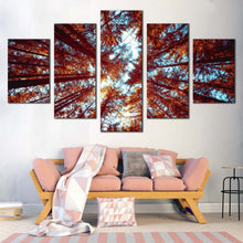 Load image into Gallery viewer, Autumn  Forest  Canvas  Wall  Art  Blue  Sky  Sunrise  Multi  Canvas  Artwork  Orange  Looking  Up  Through  Forest 5  Piece  Canvas  Print For Living Room
