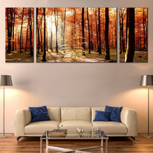 Load image into Gallery viewer, Autumn  Forest  Canvas  Wall  Art  Green  Fields  Scenery  Sunrise  3  Piece  Multi  Canvas  Artwork  Orange  Trees  Forest  Canvas  Print For Living Room
