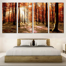 Load image into Gallery viewer, Autumn Forest Canvas Wall Art Green Fields Scenery Sunrise 4 Piece Split Canvas Orange Trees Forest Canvas Print For Bedroom
