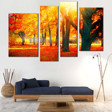 Load image into Gallery viewer, Autumn Forest Canvas Wall Art Red Autumnal Park Scenery 4 Piece Multi Panel Canvas Beautiful Yellow Trees Sunbeam Canvas Print For Your Living Room
