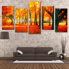 Load image into Gallery viewer, Autumn Forest Canvas Wall Art Red Autumnal Park Scenery 5 Piece Multi Panel Canvas Beautiful Yellow Trees Sunbeam Canvas Print
