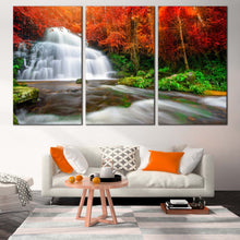 Load image into Gallery viewer, Autumn Forest Canvas Wall Art Waterfall Streaming Canvas Print Orange Green Trees Waterfall River Triptych  Canvas In Living Room
