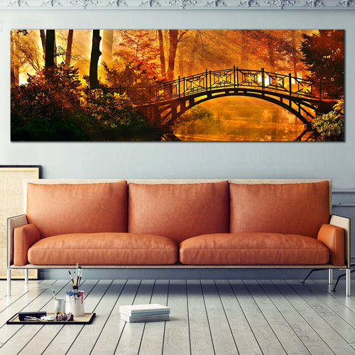 Autumn  Forest  Canvas  Wall  Art  Yellow  Orange  Forest  Sunshine  Canvas  Artwork  Green  Mystic  Park  Trees  Canvas  Print  Bridge  Reflection  River  Living  Room  1  Piece  Canvas For Living Room