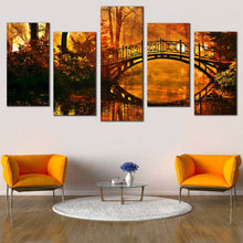 Load image into Gallery viewer, Autumn Forest Canvas Wall Art Yellow Orange Forest Sunshine Canvas Set Green Mystic Park Trees Canvas Print Bridge Reflection River  5 Piece Canvas For Living Room
