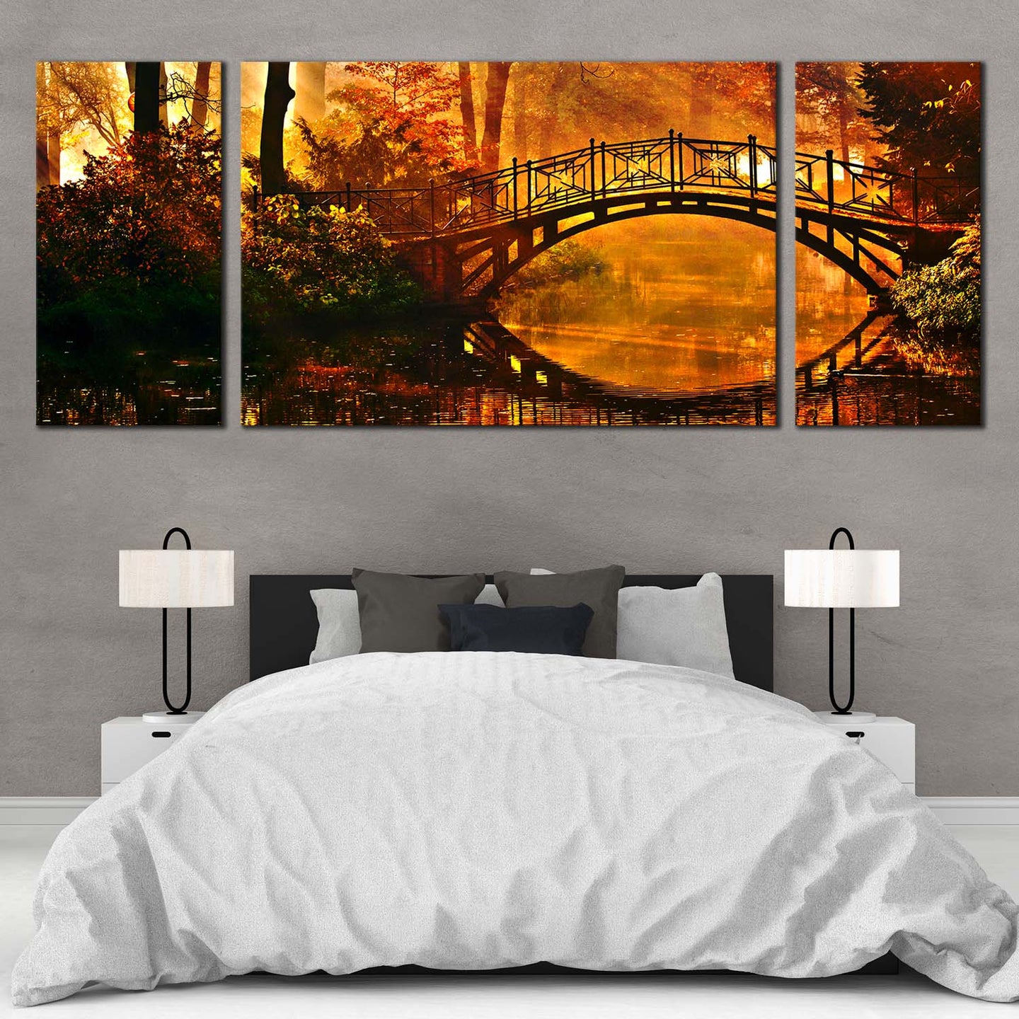 Autumn  Forest  Canvas  Wall  Art  Yellow  Orange  Forest  Sunshine  Canvas  Set  Green  Mystic  Park  Trees  Triptych  Canvas  Print  Bridge  Reflection  River  3  Piece  Canvas For Bedroom