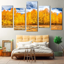 Load image into Gallery viewer, Autumn Landscape Canvas Print White Clouds Covered Mountain Canvas Set Yellow Autumn Trees Multi Canvas Grand Tetons National Park  5 Piece Canvas Wall Art For Bedroom
