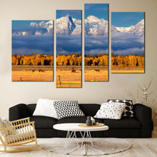 Load image into Gallery viewer, Autumn Landscape Canvas Wall Art Orange Grand Tetons Autumn Foliage  4 Piece Canvas Print 
