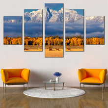 Load image into Gallery viewer, Autumn  Landscape  Canvas  Wall  Art  Orange  Grand  Tetons  Autumn  Foliage 5  Piece  Canvas  Print  In Living room
