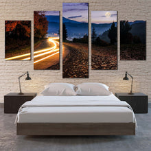 Load image into Gallery viewer, Autumn  Landscape  Canvas  Wall  Art  Yellow  Car  Light  Trail    5  Piece  Canvas  Countryside  Road  Canvas  Print  Blue  Mountain  Sky  Canvas  Set  For Bedroom
