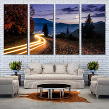 Load image into Gallery viewer, Autumn Landscape Canvas Wall Art Yellow Car Light Trail  4 Piece Canvas Countryside Road Canvas Print Blue Mountain Sky Canvas In Living room
