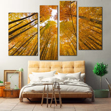 Load image into Gallery viewer, Autumn Trees Canvas Wall Art Looking Up White Sky  4 Piece Canvas Artwork Looking Up Through Orange Forest Canvas Print
