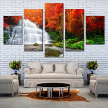 Load image into Gallery viewer, Autumn  Trees  Canvas  Wall  Art  Waterfall  Streaming  Canvas  Set  Green  Orange  Rocks  River  Nature  5  Piece Canvas  Print For Living Room
