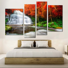 Load image into Gallery viewer, Autumn Trees Canvas Wall Art Waterfall Streaming Canvas Set Green Orange Rocks River Nature  4 Piece Canvas Print
