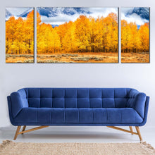 Load image into Gallery viewer, Autumn  Trees  Canvas  Wall  Art  Yellow  Grand  Tetons  National  Park    3  Piece  Canvas  Print  White  Clouds  Covered  Mountain  Canvas In Living Room
