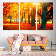 Load image into Gallery viewer, Autumnal Forest Canvas Wall Art Beautiful Yellow Trees Forest 3 Piece Spilt Canvas Red Autumn Scenery Canvas Print For Living Room
