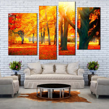 Load image into Gallery viewer, Autumnal Forest Canvas Wall Art Beautiful Yellow Trees Forest 4 Piece Spilt Canvas Red Autumn Scenery Canvas Print In Living Room
