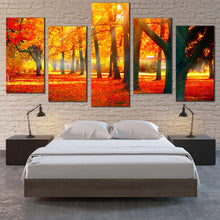 Load image into Gallery viewer, Autumnal Forest Canvas Wall Art Beautiful Yellow Trees Forest 5 Piece Spilt Canvas Red Autumn Scenery Canvas Print 
