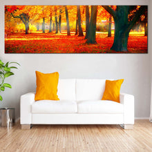 Load image into Gallery viewer, Autumnal  Park  Canvas  Wall  Art  Yellow  Sunbeam  Trees  Forest  Canvas  Print  Red  Autumn  Fall  Nature  Scenery  Living  Room  Panoramic  Canvas  Artwork In  Living Room
