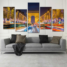 Load image into Gallery viewer, Avenue des Champs Elysees night Paris City Skyline 5 piece multi panel canvas wall art In Living Room
