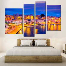 Load image into Gallery viewer, Balearic Islands Canvas Wall Art Yellow Calasfonts Cales Harbor Lights Bedoom 4 Piece Canvas Sunset in Mahon Canvas Print
