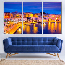 Load image into Gallery viewer, Balearic Islands Canvas Wall Art Yellow Calasfonts Cales Harbor Lights  3 Piece Canvas Sunset in Mahon Canvas Print For Living Room
