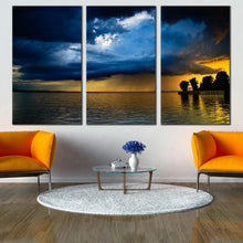 Load image into Gallery viewer, Baltic Amazing Blue Ocean Evening Dawn Orange Sky Palm Tree Triptych Decor For Living Room
