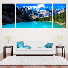 Load image into Gallery viewer, Banff National Park Canvas Wall Art Alberta Ocean Mountains Canvas Print Green Blue Moraine Lake  3 Piece Canvas Print In Living Room
