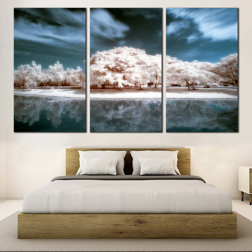 Bangkok Park Canvas Print Beautiful White Tress Water Reflection Canvas Wall Art Thailand Blue Cloudy Sky 3 Piece Multi Canvas For Bedroom