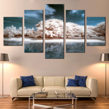 Load image into Gallery viewer, Bangkok  Park  Canvas  Print  Beautiful  White  Tress  Water  Reflection  Canvas  Wall  Art  Thailand  Blue  Cloudy  Sky  5  Piece  Multi  Canvas For Living Room
